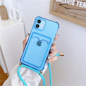 For iPhone 14 Pro Max 13 Pro Max 12 Pro Max 11 Pro Max Crossbody Necklace Strap Lanyard Cord Wallet Card Slot Transparent Soft TPU Cover For iPhone X XS XR 7 8 Plus SE 2020