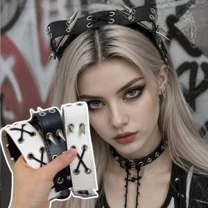 Halloween Harajuku Gothic Y2K Punk Rivets Leather Hair Hoop Punk Subculture Cat-Ear Studded Headband Dark Accessory