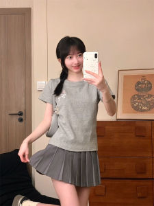 Sweet Sister Style Short Sleeve T-Shirt Butterfly Knot Embroidery Slim Fit Straight Cut Top No Belt Shoulder Exposure Cotton Blend