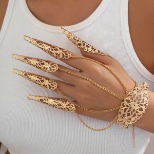 Goth Retro Big Hollow Flower Finger Connecting Wrist Chain Bracelets for Women Indian Hand Harness Bangles Belly Dancer Jewelry