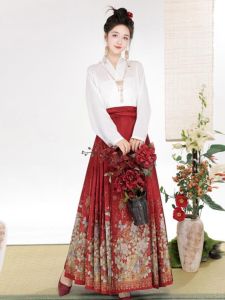 New Style Ming Dynasty Embroidered Gold Horse Tailed Skirt Set Womens Adult Hanfu Spring Autumn High Waist A-Line Skirt
