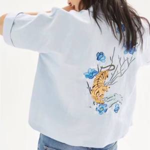 CFBOUTIQUE Inspired Animal Floral Embroidered Collar Button Loose Shirt