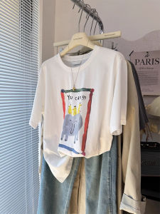 Loose Fit Pure Cotton Short Sleeve T-Shirt Womens Youthful Grey White Cartoon Elephant Print Casual Comfortable Top