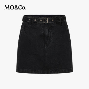 MO&Co. | Cotton Denim Skirt with Belt Mid-Low Waist Rock Style
