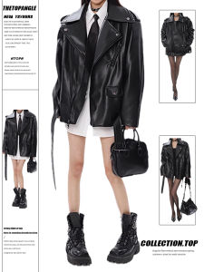 American High Street Style Womens Leather Jacket Loose Cool Biker Coat Autumn New Design Long Sleeve Zipper Front PU Leather