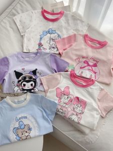 Girls Short Sleeve T-Shirt Summer A-Class Pure Cotton round Neck Print Top Versatile Kids Clothing Breathable Sweat Absorbent