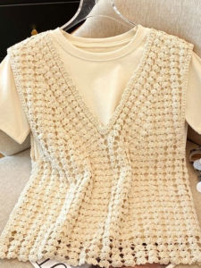 เสื้อกั๊กถักแบบมีรูรูปดอกไม้สไตล์โบฮีเมียนฤดูร้อนสำหรับผู้หญิง เสื้อแขนกุดแบบสวมหัว ทรงหลวม สีสันสดใส ปกติ