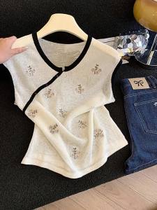 Áo Thun Mỏng Phối Màu Thêu Không T Tay Ôm Sát