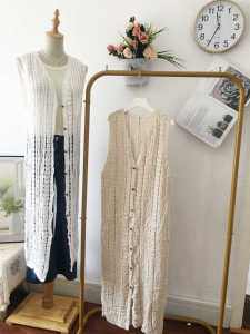 Korean Crochet Hollow Out Long Sleeve V-Neck Cardigan for Women Spring Summer Fashion Sleeveless Top Layered Skirt