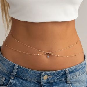 KunJoe Fashion Double Layer Glass Drill Waist Chain Women Simple Gold Color Metal Cross Bead Body Chain Bikini Jewelry Acessory