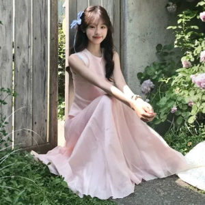 Sweet Style Vest Dress Beach Vacation Gentle Wind Summer Hot Trend Soft Color Solid High Waist Shoulder Bared mid Stretch a Line Skirt