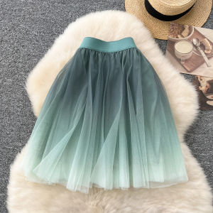 Váy Lưới Chữ a Cạp Cao Màu Khối Cho Nữ Mùa Thu 2024 Váy Ngắn Xếp Ly Phong Cách Cổ Tích Váy Lưới Xếp Nếp Cho Nữ