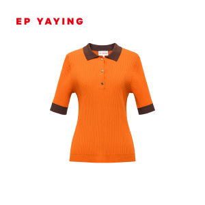 EP YAYING 2025 Autumn New Womens Slim Fit Polo Neck Short Sleeve Knitted Top Color Block Design Fashionable Ladies Wear
