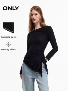 ONLY | Lace Neck Asymmetrical Hem Fitted Long Sleeve T-Shirt
