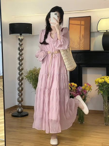 Fashionable French Style Long Sleeve Pink Dress Womens New Arrival Gentle Wind V-neck Other Material 100% Spring Summer Autumn