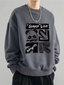 Retro American Style Mens round Neck Sweatshirt Heavyweight Pure Cotton Fleece Lined Loose Fit Fashionable for Autumn Winter