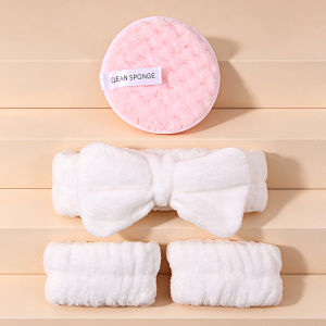 3Pcs/Set Pink Reusable Makeup Remover Pads + White Bow Headband + Wristbands Soft Wash Face Band Skincare Set for Girls