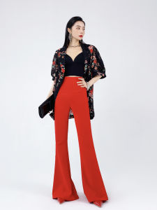 Aksaya Hong Kong Style Retro Fashionable Stylish High-Waisted Red Pants Bootcut Trousers Long Legs Mop Pants Womens Spring and Summer