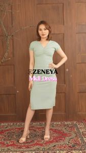 Zeneya Chic Ribbed Knit Midi Dress with V-Neck and Side Slit for Women - Slim Fit Casual Style