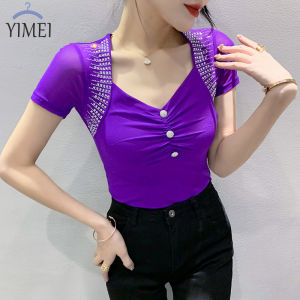 YIMEI Áo Thun Cotton Tay Ngắn Lưới Hàng Châu Âu Xuân Hè 2023 Áo Kim Cương Nóng Bỏng Phong Cách Nước Ngoài Cho Nữ Áo Thun Nữ Màu Tím Mỏng Khoe Khí Chất