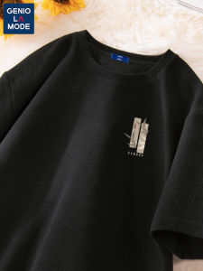 Genio Lamode Chinese Style Retro Bamboo Short Sleeve T-Shirt Mens Heavyweight Waffle Pattern Couples Style Top Summer Breathable Polyester