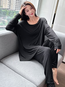 Autumn Pajamas Womens Plus Size 100.00kg Plus Size Ladies Spring & Fall Thin Pure Color Bamboo Fiber Home Wear Two-piece Set Can Be Outwear