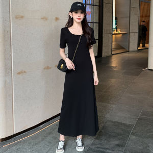 Loose Womens Long Dress Square Collar Casual Korean Style A-Line Skirt High Waist Cotton Blend Elastic Fiber Short Sleeve