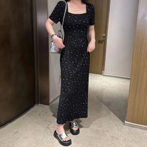 French Style Temperament Fancy Long Floral Dress Summer Plus Size Slightly Oversized Girls Slimming Tummy Hiding Waist Trimming Short-Sleeved Dress