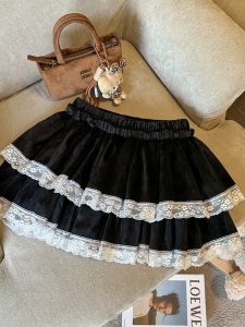 GUZILIAN | Sweet Design Lace Trim Splice Cake Skirt Womens High Waist Slimming Anti-Light A-Line Puffy Short Skirt Commute Elegant