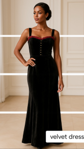 เดรสกํามะหยี่แม็กซี่ คอหวานประดับ (Velvet Sweetheart Maxi Dress with Embellishment)_SecondhanD_SP043