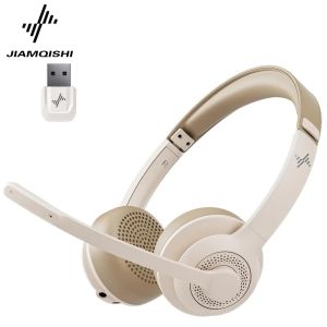 JIAMQISHI Wireless Headset with AI Noise Cancelling Mic Bluetooth V5.2 Headphones with USB Dongle for Call Center Office EH02