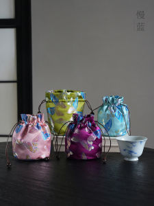 Chinese Style round Mouth Single Cup Bag Slow Blue Tea Set Storage Bag Fragrant Cloud Silk Inner Cotton Drawstring Kung Fu Tea Ceremony