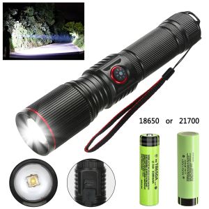 Aluminum Alloy 30W Super Powerful LEP Flashlight 18650 or 21700 Battery Zoom Torch Light Lamp with Tail Rope Power Indicator