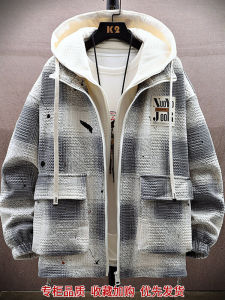 Autumn Winter Plaid Hooded Jacket Mens Thickened Fleece Youth Trendy Brand Hong Kong Style Outerwear Standard Fit Long Sleeve Zipper Closure