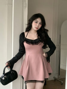 Váy Dài Tay Ren Màu Khối Cỡ Lớn Cho Nữ Mùa Xuân Mới Váy Chữ a Eo Cao Váy Ngọt Ngào Mềm Mại Tay Phồng Không Tay