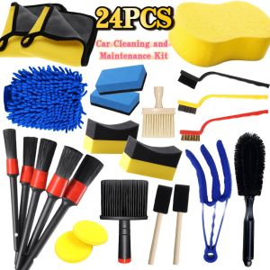 9pcs/24pcs Car Cleaning Tool Set Multi-Purpose Brush Nylon Gloves Polishing Sponge Hub Brush Car Wash Cloth Uses For Car Care