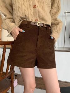 Retro Versatile Corduroy Shorts Womens Autumn Winter High Waist Slimming Small Size Fashion A-Line Wide Leg Pants