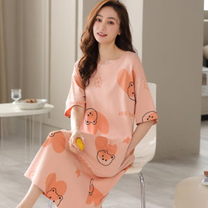 Miiow | Cat Woman Summer Sleep Dress Loose Short Sleeve Midi Skirt Home Wear Cotton Polyester Blend Comfortable Breathable Womens Pajama