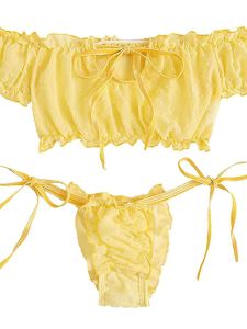 Bikini Ren Cạp Thấp Có Dây Buộc Hai Mảnh Quần Short Tay Ngắn Vải Polyester Cổ Tròn Mùa Thu 2023