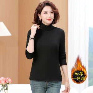 More than 50 Years Old Mom Bottoming Shirt Fashionable Fleece-Lined Thickened Long Sleeves T-shirt Middle-Aged and Elderly Womens Clothing Fall and Winter Heattech Tops