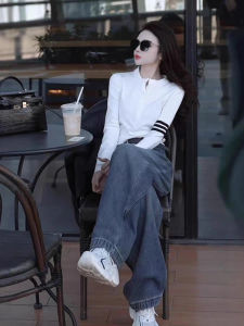 Áo Thun Dài Tay Cổ Đứng Phong Cách Hàn Quốc Cho Nữ Mùa Xuân 2025 Áo Thun Dài Tay Ôm Vừa Vặn Thời Trang Thường Ngày Màu Trơn