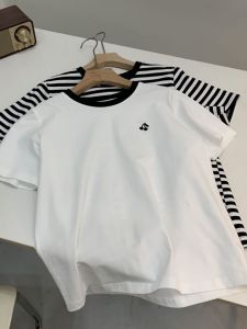 Cherry Embroidery Contrast Color Stripes T-shirt Female 2024 Summer Loose round Neck Long Sleeves Bottoming Shirt Minimalist Cotton Tops
