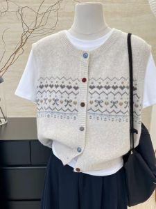 Retro Fair Isle Knitted Open Cardigan Womens Autumn Winter New Lazy Style Top Rainbow Button Vest Layering Sweater