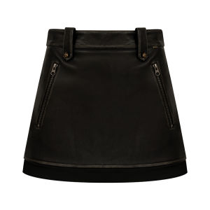 Kroche Romantic Paris Eco-Leather Vintage Rose Buckle Color Rubbing Leather Jacket Short Skirt Set Womens Fashion Ensemble