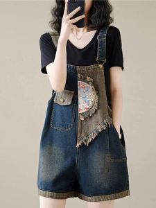 New Chinese Style Embroidered Denim Overalls Women Summer New Design Anti-Aging Versatile Short Trendy Small Audience