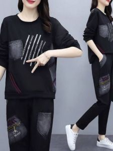 plus Size Womens Casual Sportswear Set Autumn 2024 Loose Fit Printed Two-Piece Suit Comfortable Polyester Long Sleeve round Neck