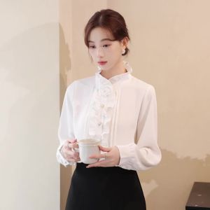 AMMIN 2025 Spring and Autumn new French court style wooden ear edge stand collar white commuter chiffon shirt woman simple ruffled single breasted long sleeve elegant blouse