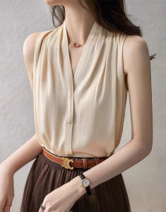 Neck Hanging Strap Vest Top Womens Summer New Style High-End Acetate Sleeveless French Shirt Thin round Neck Commute Style