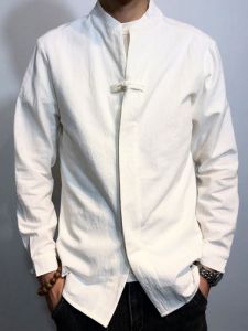 PAZHAOLANG | Plus Size Chinese Style Mandarin Collar Buttoned Long Sleeve Shirt