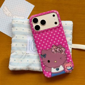 Sanrio | Luxury Double-Layer Full Screen Polka Dot Black Skin Hello Kitty Phone Case For iphone 17 16 15 ProMax 17 Shockproof Cute Cover